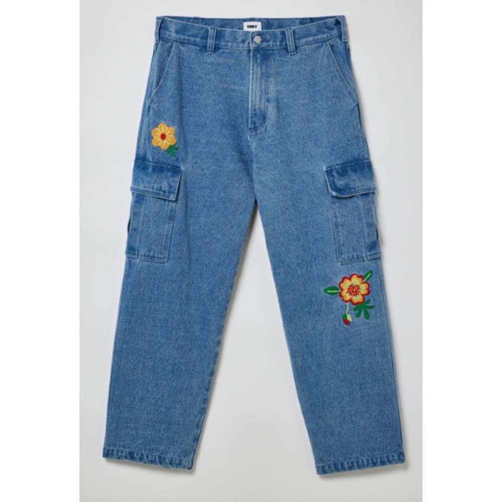 Obey Floral Embroidered Bigwig Cargo Jeans Medium Wash Wide Leg Size 30